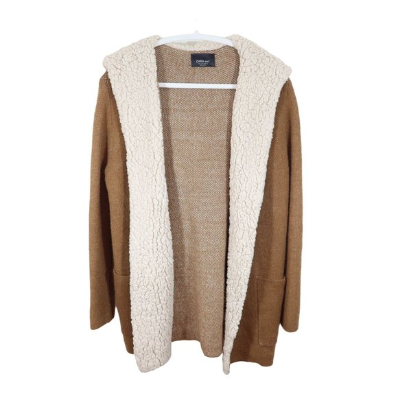 Zara Sweaters - ZARA Size S Tan Cream Oversized Hooded Open Front Fleece Lined Cardigan Sweater